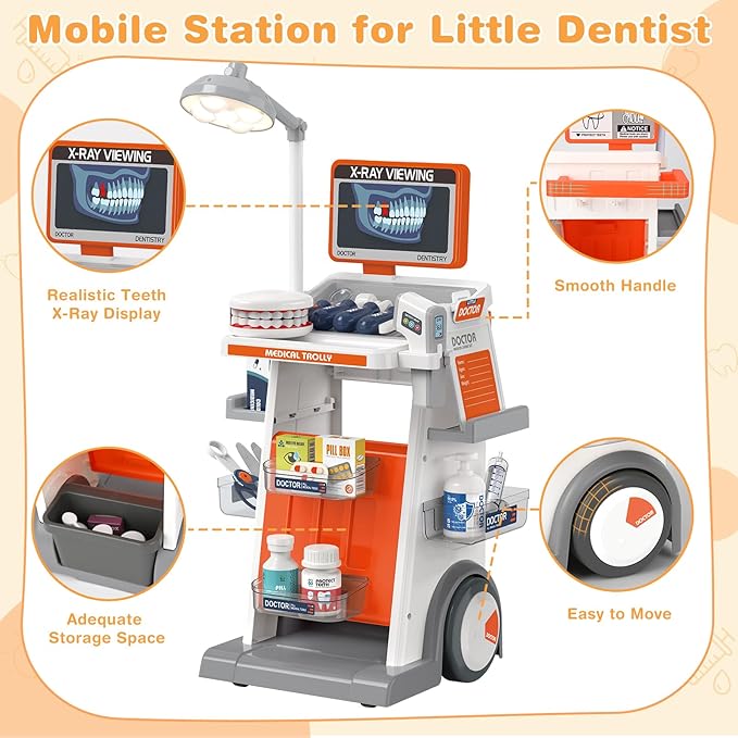 Dreamon Doctor Kit for Toddlers 3-5 Pretend Play Toys - 29 Pcs Kids Dentist Cart Play Set with Light and Costume - Role Play Medical Toy for 3+ Year Old Boys and Girls Christmas Birthday Gifts