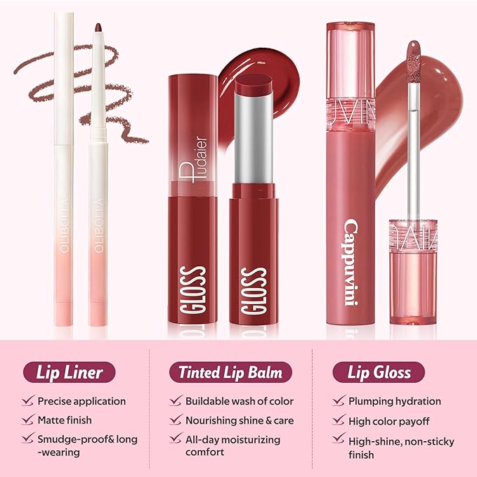 KIMUSE 3PCS Lip Combo Set - Matte Lip Liner Pencil + Hydrating Tinted Lip Balm + Juicy Lip Gloss Tint, Non-Sticky, Long-Lasting, High Pigment Lip Makeup Kit (Berry Mousse Set)