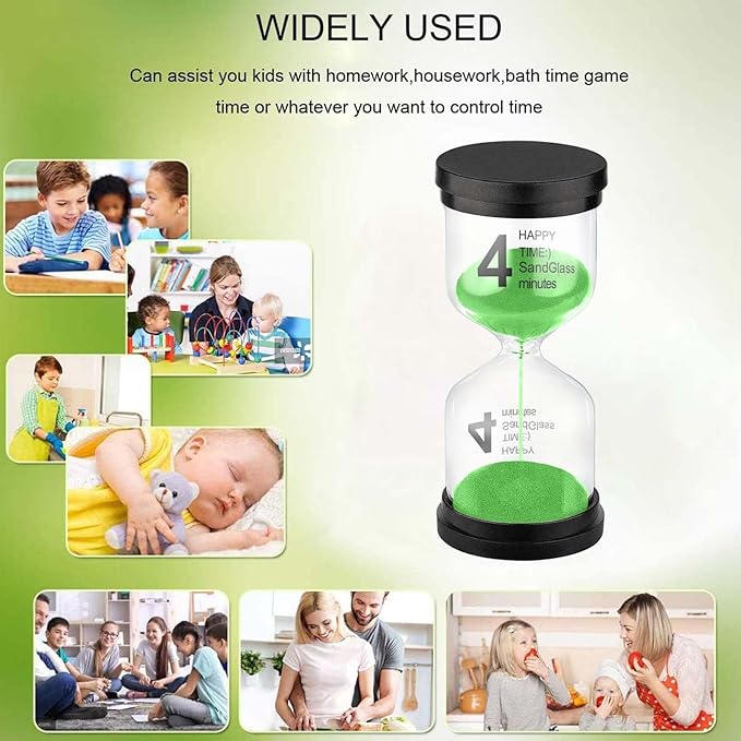 SuLiao 4 Minute Hourglass, Green Sand Clcok Timer, Colorful SandWatch 4 Min, Plastic Reloj De Arena 4 Minutos, Large Hour Glass Sandglass, Kitchen, Games, Classroom, Decor