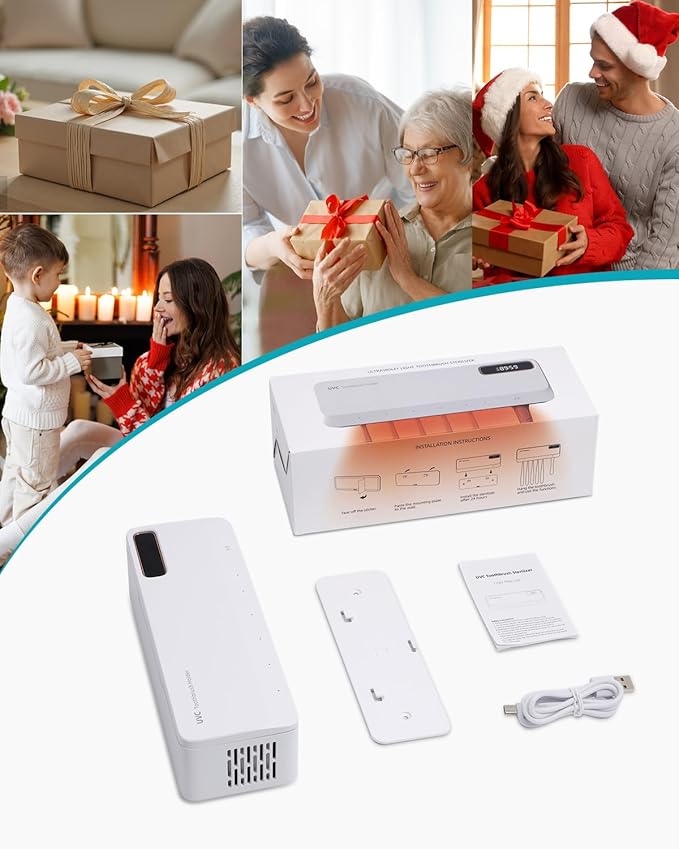 UV Toothbrush Cleaner Holder, Temracha Toothbrush Holders for Bathrooms, 5+1+1 Slots Tooth Brush Shaver Cleaner and Holder, Rechargeable Cordless Wall Mounted with Heating Functions, No Drilling