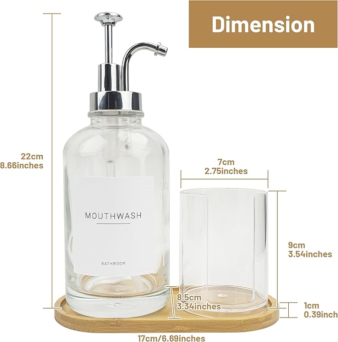 17OZ Mouthwash Clear Glass Pump Dispenser with Disposable Mouthwash Cups Holder Refillable Clear Container with Bamboo Tray, Mouthwash Labels