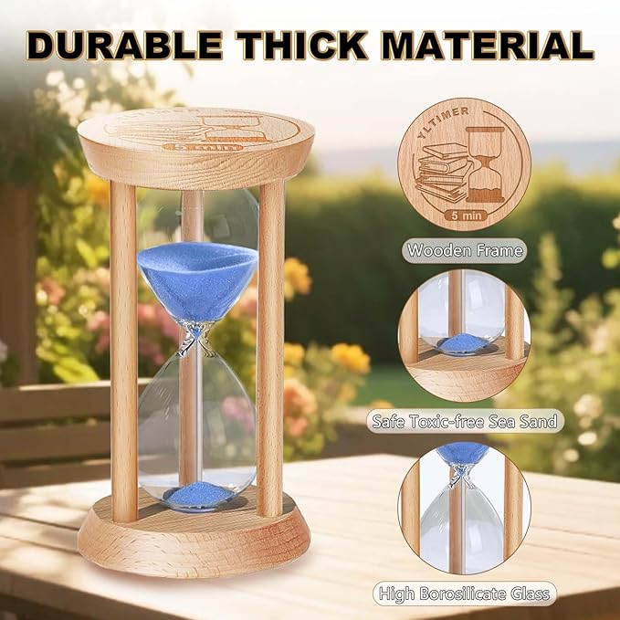 Sand Hourglass Timer Set: 30 Sec/1/2/3/5/10 Minutes Wooden Sand Clock, Colorful SandWatch Hour Glass, Small Sandglass Timer for Classroom, Home Decorative, Games (6 pcs)