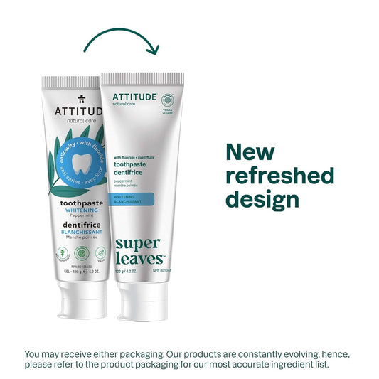 ATTITUDE Whitening Toothpaste with Fluoride, Peppermint Flavor, Vegan & Cruelty-Free, Sugar-Free, Plant & Mineral-Based Ingredients, Clean Oral Care, 4.2 Oz