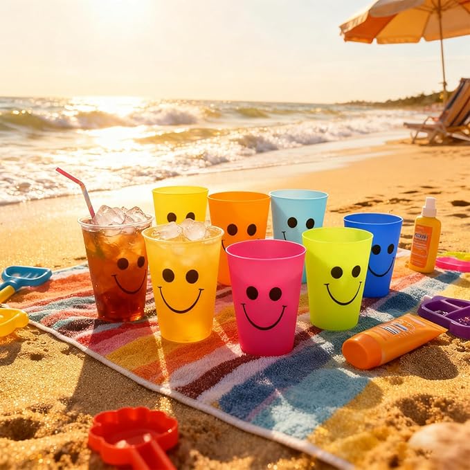 Plastic Cups Set for Kids Kitchen Drinking & Toothbrush Rinse, 260ml Reusable Colored Unbreakable Smiling Face Bathoom Mouthwash Tumbler Brushes, Kids Speed Training Stackable Cup