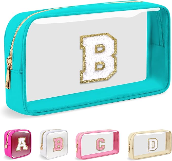 Small Clear Personalized Initial Makeup Bag,Nylon Preppy A-Z Chenille Letter Patch Cosmetic Pouch Beach Toiletry Bag,Waterproof Zipper Travel Purse Storage Bag Organizer for Women Girls(Cyan-White B)