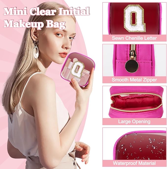 Mini Clear Personalized Initial Makeup Bag,Small Nylon Waterproof Zip Beach Cosmetic Pouch,Preppy A-Z Chenille Letter Patch Cute Coin Purse Travel Toiletry Bag Car Pack Bag for Women(Hot Pink-White Q)