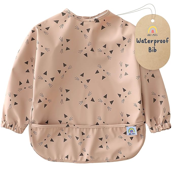 ARI MES Long Sleeves Waterproof Baby Bibs for Eating - Kitty Cats, Small - Wearable, Coverall for Toddler, Long Sleeve Bib, Smock Apron for Feeding - Applicable for 6-72 Months