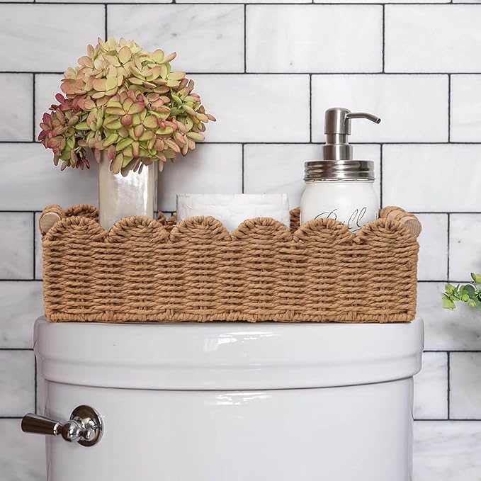 CubesLand Scalloped Decor Basket for Living Room, Home, Bathroom, 2SAME SIZE Paper Rope Basket, Toilet Storage Baskets for Over Toilet Storage Shelf, Cute Woven Basket Both Storage&Decor, Neutral
