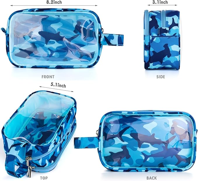 Shark Kids Toiletry Bag for Boys, Travel Clear Toiletry Bag for Little Young Boys Waterproof Hanging Wash Bag Toddler Traveling Toiletries, Blue