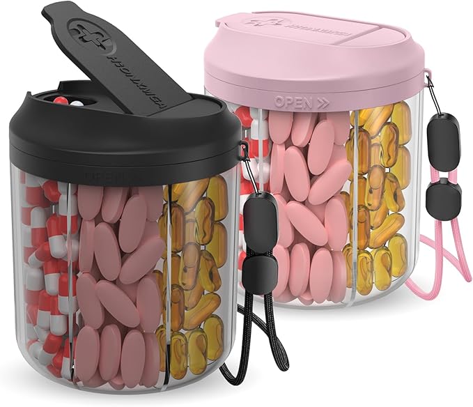 Pill Dispenser with 7 Large Compartments, 4.4" H x 3.6" Dia Pill Organizer for Travel, Supplement Organizer with Anti-Mixing Design, BPA-Free Pill Container with 20 Pcs Labels, Pink+ Black