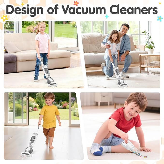 Kids Vacuum Cleaner Toy Set for Toddlers - 2PCS Toy Vacuum Sets for Toddlers 3+ Toddler Vacuum Toy That Works with Sound Effects, Baby Play Vacuum Pretend Role Play Household Housekeeping (White)