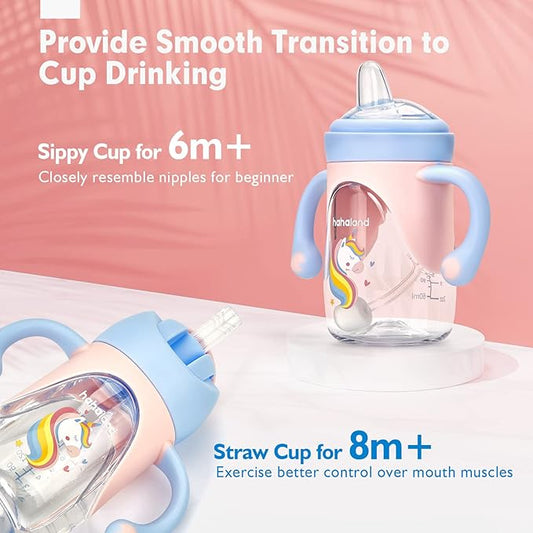 hahaland Sippy Cups for Baby 6-12 Months - 2 in 1 Spout & Straw Unicorns Sippy Cups for Toddlers 1-3 No Spill Transition Weighted Straw Cup (1 Cup with 2 Nipples) Baby First Christmas Gifts