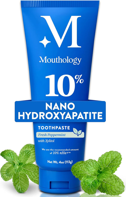Mouthology 10% Nano Hydroxyapatite Toothpaste (Fluoride Free), Whitening*, Supports Enamel Care*, Appropriate for Sensitive Teeth*, SLS Free, Xylitol nHA Toothpaste for Adults, Mint 4oz (USA Made)