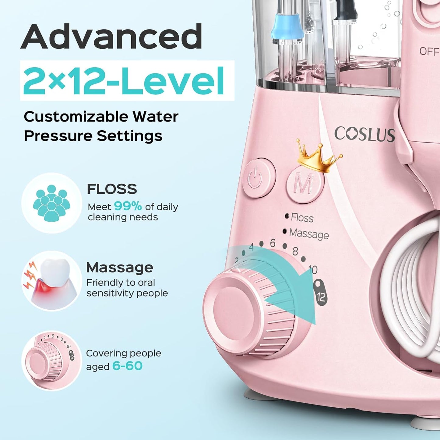 COSLUS Advanced Water Flosser for Teeth: 2 Modes & 12 Pressure Settings Electric Dental Pick for Orthodontic, Braces, Sensitive Gums - Home Use, 5 Jet Tips for Multiple Users, Family, Pink, E2
