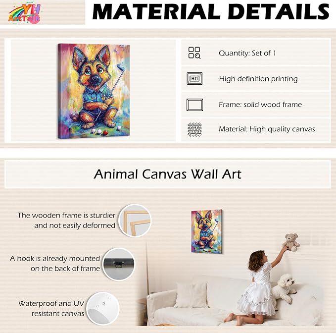 YOUHONG Animal Art Animal Pictures Wall Decor Dog Art with Inner Wooden Frame - Lightweight, Sports Wall Decor for Boys Bedroom & Living Room Decoration Ready to Hang (12x15.7 Inches)