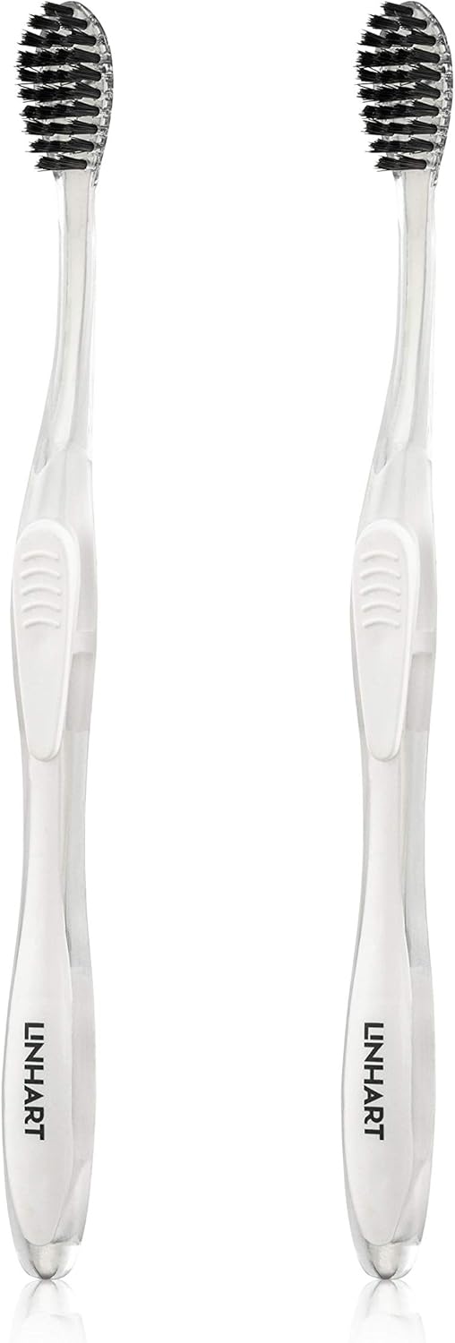 LINHART Extra Soft Toothbrush – Teeth Whitening Toothbrush with Multi Length Bristles, White with Black Bristles, 2 Pack