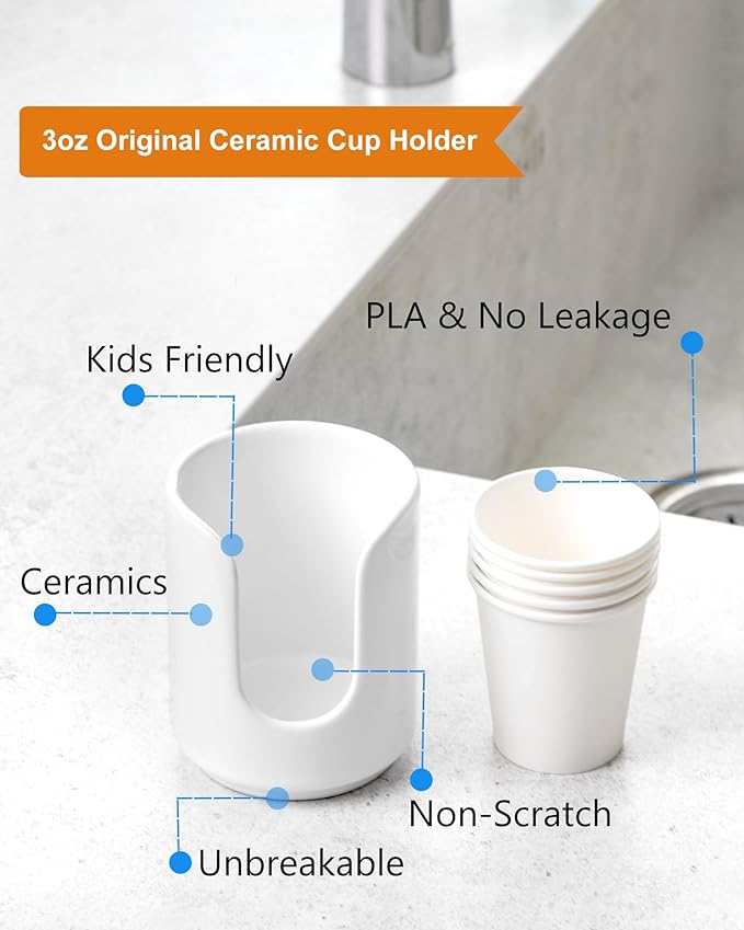 3 oz Original Ceramic Bathroom Cup Dispenser with 5 PLA Paper Cups, Bathroom Essential Accessories for Mouthwash Holder on Bathroom Vanity Countertops (2 Pack, White)