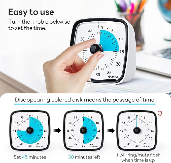 Yunbaoit Visual Timer with Night Light, 60-Minute Countdown Timer for Kids and Adults, Silent Classroom Timer, Time Management Tool for Home, School, or Work (Dark Black)