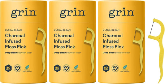 Grin Tooth Picks Flossers for Adults – Charcoal Infused Dental Floss Picks for Teeth Cleaning - Natural Mint Flavor - 100% Recycled Plastic Handle - 80 Count Canister (Pack of 3)