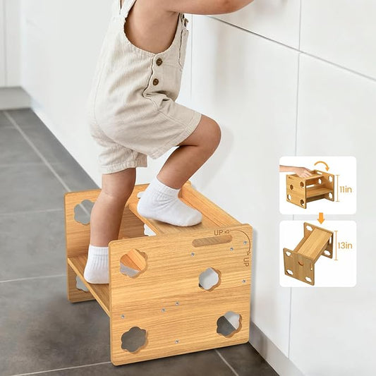 Kesswin Step Stool for Kids, Wooden Toddler Step Stool 300 lbs Capacity with Safety Non-Slip Pads and Handles, Height-Adjustable 2-Stepping Stool for Kitchen, Bathroom Sink, Bedroom