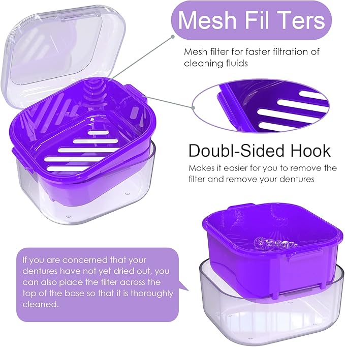 ARGOMAX Denture Case, Denture Cup for Soaking Dentures(Not Leak-Proof), Thorough Cleaning of Dentures, Retainer, Mouthguards, Clear Braces (Dark Purple).