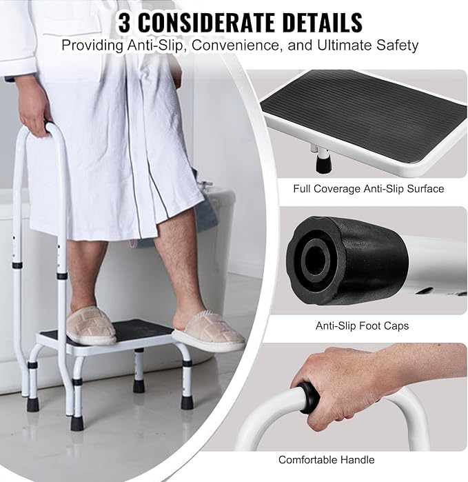 VEVOR Step Stool 1-Step 330lbs Capacity, 3 Adjustable Height with Handle Steel Step Ladder, Portable Toddler Step Stools for Adults, Non-Slip Sturdy Step Ladders for Office, RVs, Pets