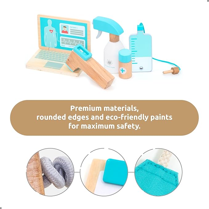 UMU® Deluxe Wooden Doctor Play Set – 37 Pcs Pretend Medical Kit with Stethoscope Dentist Tools Laptop & Accessories – Doctor Role Play Toy for Kids Ages 3 4 5 6