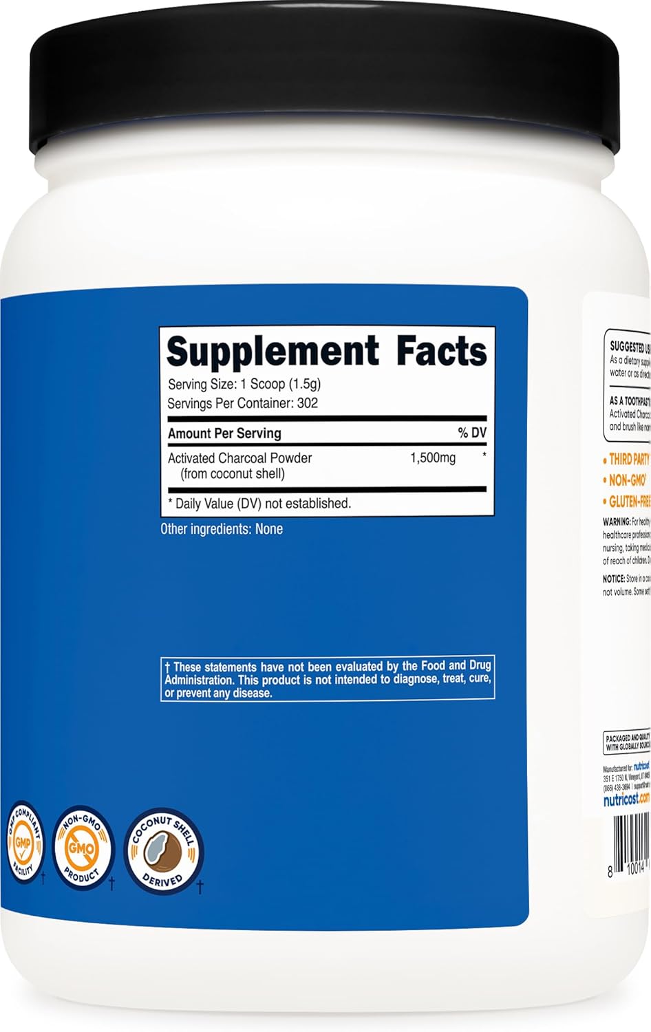 Nutricost Activated Charcoal Powder 1lb - Food Grade Powder, Toothpaste, Facemask, Odor Control, Vegetarian, Gluten Free, Non-GMO