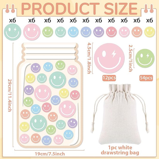 Magnetic Smile Face Reward Jar for Kids 68Pcs Pastel Smiley Faces 1 Storage Bag Reward Jars Behavior Management Classroom Tools Positive Behavior Chart for Students Teachers Back to School Supplies