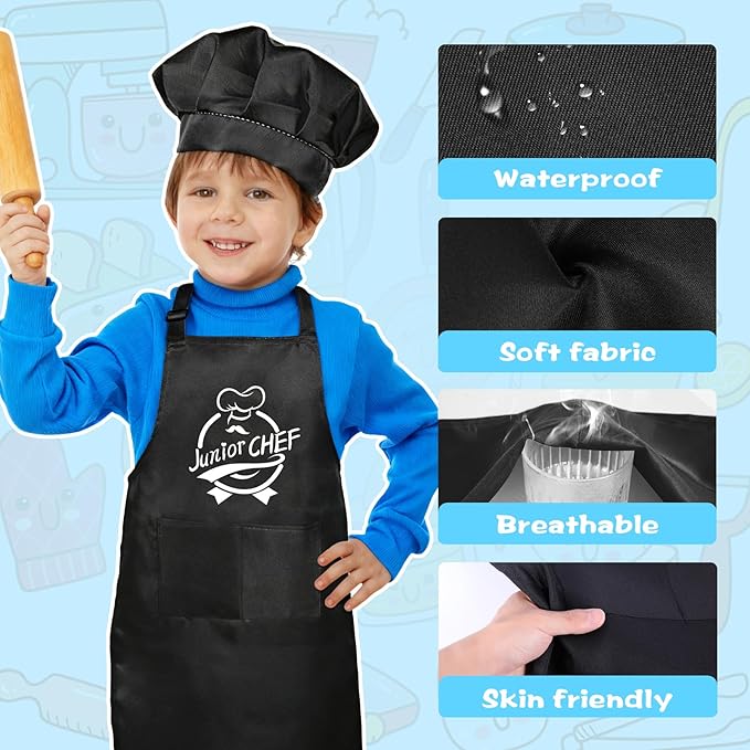 Kids Apron and Chef Hat Set, “Junior CHEF” Adjustable Funny Apron Child Kitchen Apron Cooking Baking Painting with 2 Pockets for Boys and Girls