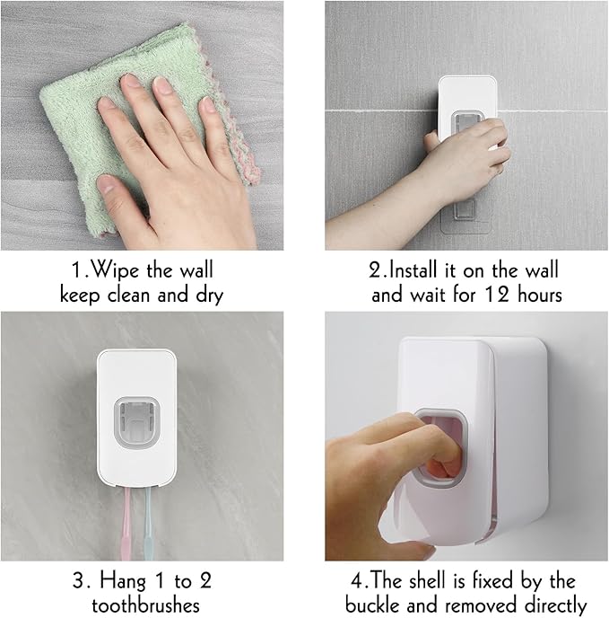 2 Slot Toothbrush Holder and Toothpaste Dispenser Wall Mounted, Automatic Toothpaste Squeezer, 2 in 1 Tooth Brush Toothpaste Organizer for Shower (White)