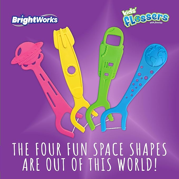 BrightWorks Kids Fun Space Flossers, Mixed Berry Flavor Fluoride [240 Floss Picks Total] Colorful Space Shapes: Astronaut, Rocketship, UFO, Earth. 100% Recycled Plastic Material. 80 Count (Pack of 3)