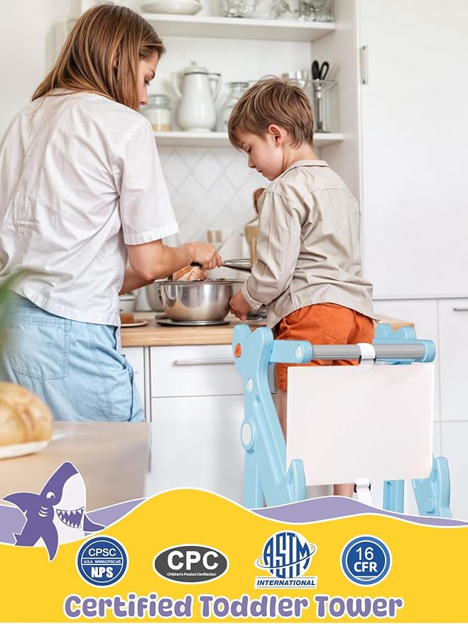 VBABY Foldable Toddler Tower, Plastic Kitchen Stool Helper for Kids, Adjustable Height Standing Tower, Certified Toddler Step Stool, Blue