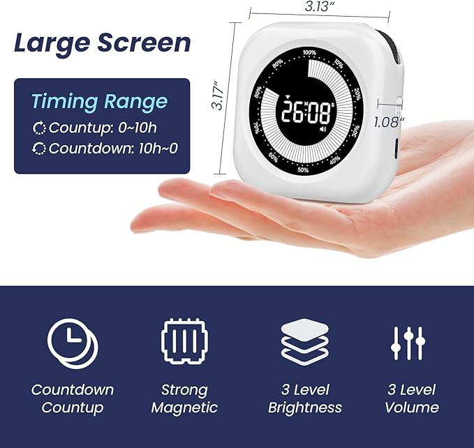 Visual Timer for Kids, 10 Hours Countdown/Up, with Rechargeable, 3 Brightness Display, 3 Volume Levels and Magnetic, Homeschool Study Tool, Large Digital Timers for Kitchen, Classroom