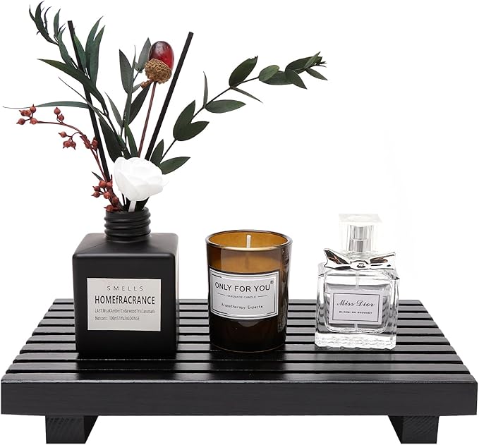 Renawe Black Bathroom Counter Organizer Wooden Display Pedesta Stand Kitchen Countertop Trays Farmhouse Wood Riser Dish Soap Dispenser Holder for Bathroom Decor Kitchen Sink Accessories Vanity Tray