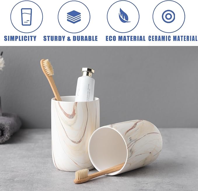 Brown Marble Toothbrush Holders - Ceramic Toothbrush Holders for Bathrooms, Toothbrush Toothpaste Holders, 2 Marble Bathroom Tumbler Cups Reusable Toothbrush Mouthwash Cup, Bathroom Counter Organizer