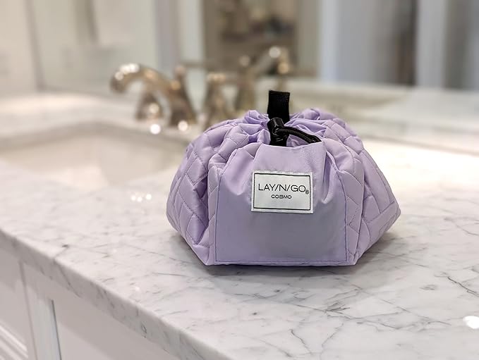 Lay-n-Go Cosmo Layflat Drawstring Cosmetic & Makeup Bag Organizer - Portable Drawstring Bag w/Zipper Pocket, Makeup Loops & More - Durable, Machine Washable Toiletry Bag for Travel (20", Quilted)