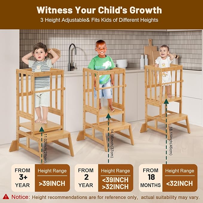 COSYLAND Height Adjustable Toddler Standing Tower - Toddler Kitchen Stool Helper Natural