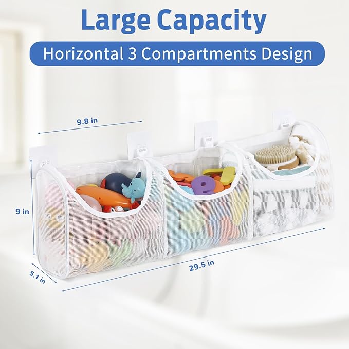 Goowin Bath Toy Storage, Bath Toy Holder, 3 Compartment Large Openings Bath Toy Organizer, Large Capacity Bath Tub Toy Holder, Kids Bathtub Toy Storage For Accessing & Sorting Toys (White, Regular)