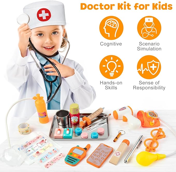 Doctor Kit for Kids, 34 Pcs Kids Doctor Playset kit for Toddlers 3-5 with Medical Storage Bag & Real Stethoscope, for Boys and Girls Fun Role Playing Game, Doctor Play for Kids Toddlers