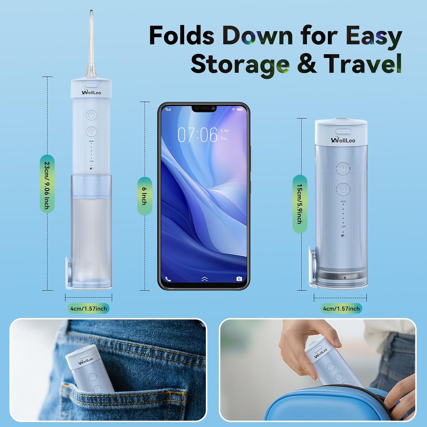 Mini Water Flosser for Teeth,Travel Dental Flosser Picks, Portable Oral Irrigator with Telescopic Water Tank, 5 Modes IPX7 Waterproof Tooth Flosser for Brace, Sensitive Teeth, with Storage Bag