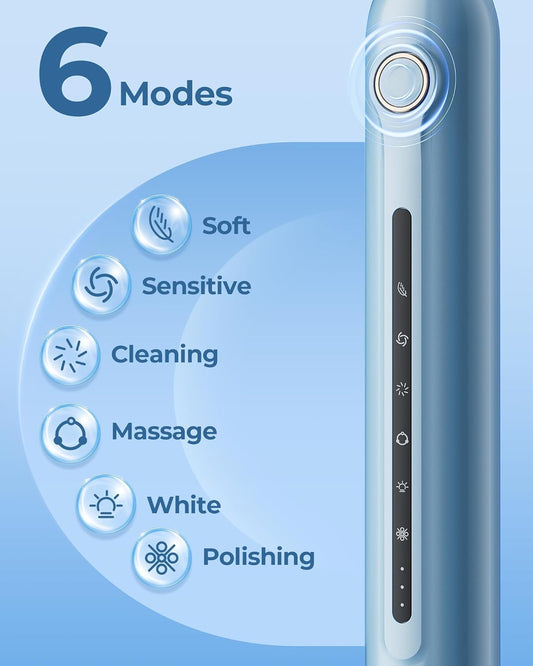 Blue Electric Toothbrushes, with 8 Brush Heads, 1 Travel Toothbrush Case, for Adults and Kid Electric Toothbrush, Long 180-Day Battery Life, 6 Different Modes, Smart 2-Minute Timer, IPX7 Waterproof