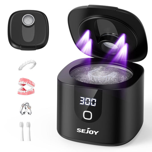 Sejoy 45kHz Ultrasonic Retainer Cleaner, Double Denture Cleaning Machine with Digital Timer, Cleaner for Braces, Mouth Guards, Rings, Toothbrush