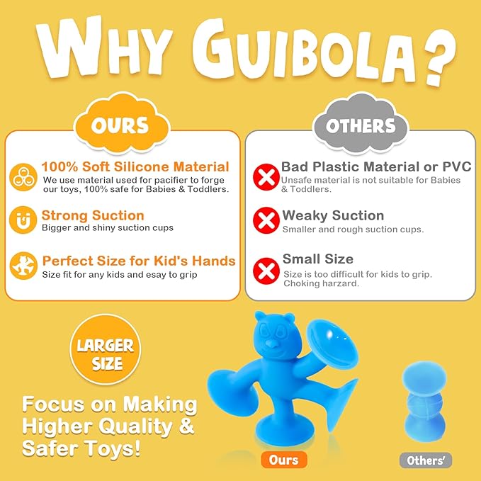 Suction Cup Toys for Toddlers 1-3, Guibola 6 PCS | No Hole Bath Toy for Baby Kids, Silicone | Suction Bath Toys | Sensory Window Building Toys for Boys Girls - Larger Size