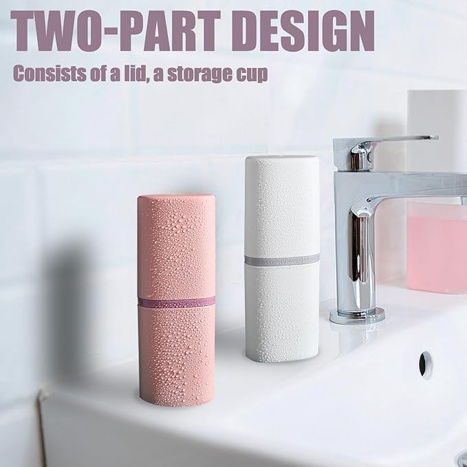 Huakaile 2 Pack Plastic Travel Toothbrush Holder, Portable Toothbrush Cup with Cover, Toothbrush Case Box Toothpaste Container for Storage Organizer Bathroom Camping (White, pink)