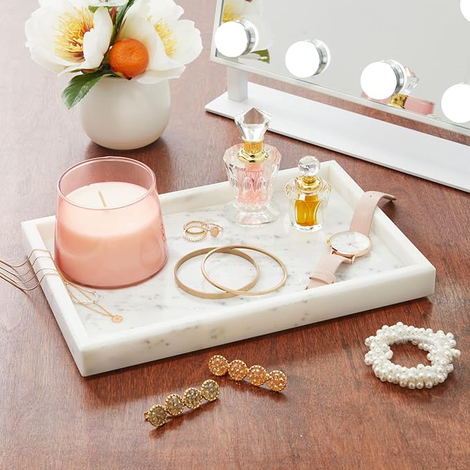 Juvale Large Marble Vanity Tray - Jewelry & Cosmetic Organizer with Drawer Organizer - Bathroom Display with Soap Tray - Home Accent Piece with Marble Decor - 11.7 x 7.7 x 1.1 in White