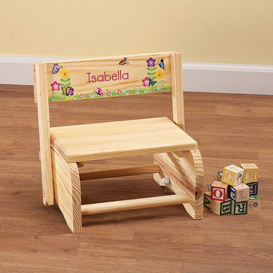 Custom 2-in-1 Children's Step Stool and Chair, Customized with Kid’s Name, Butterflies and Flowers Design