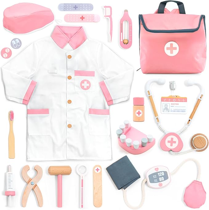 UMU® Wooden Doctor Kit for Kids – Doctor & Dentist Play Set for Toddlers with Dr Coat, Stethoscope, Tooth Model & More – Dress Up & Pretend Play – Medical Toy for Girls Ages 3 4 5 6
