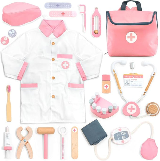 UMU® Wooden Doctor Kit for Kids – Doctor & Dentist Play Set for Toddlers with Dr Coat, Stethoscope, Tooth Model & More – Dress Up & Pretend Play – Medical Toy for Girls Ages 3 4 5 6
