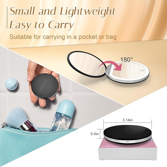 Compact Mirror with Light, 1X/3X Magnification LED Pocket Mirror with USB Data Cable,Mini Mirror for Purse, Pocket,Travel and Present (Black)
